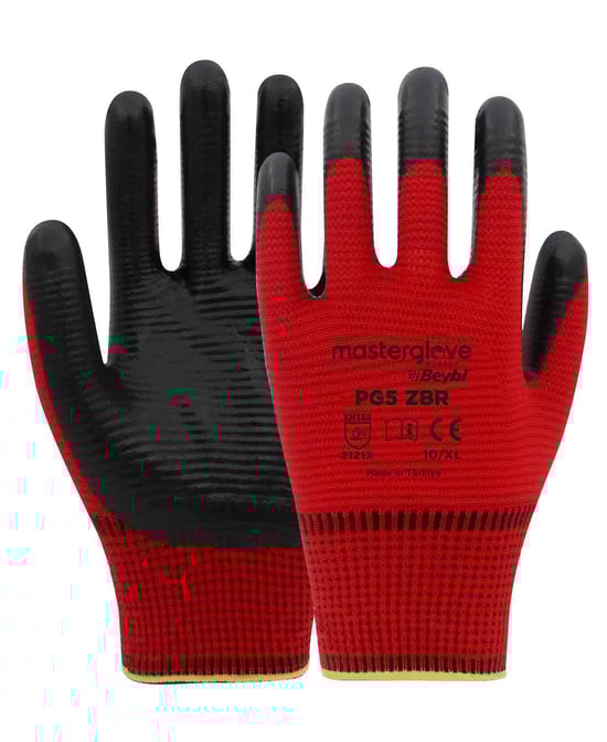 Master Glove PG5 Zebra Kırmızı Polyester Örme Nitril İş Eldiveni 10 Beden