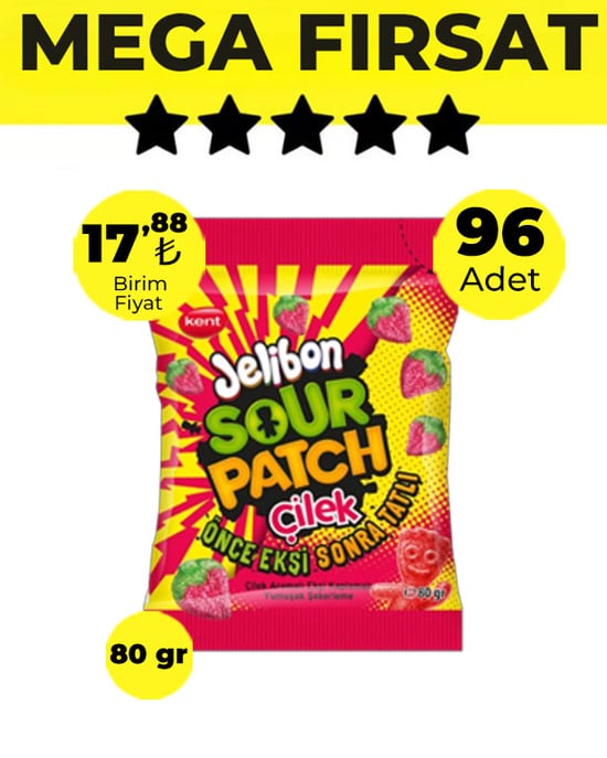 Jelibon Sour Patch Çilek Yumuşak Şekerleme 80 gr - 96 Adet-4 Koli