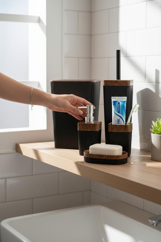 ahşap banyo seti, siyah banyo seti, 5 parça banyo seti, modern banyo aksesuarları, ahşap detaylı banyo seti, şık banyo takımı, lüks banyo seti