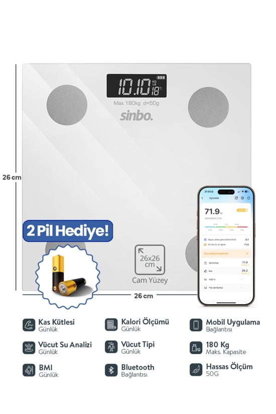 Sinbo SBS-4471 Yağ Ölçer Fonksiyonlu Akıllı Bluetooth Baskül - 26 cm