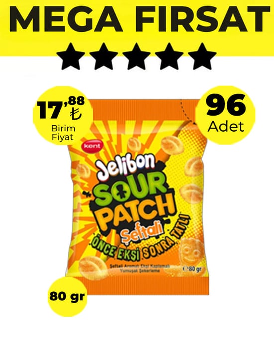 Jelibon Sour Patch Şeftali Yumuşak Şekerleme 80 gr - 96 Adet-4 Koli