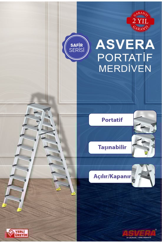 Safir Serisi – 10+10 Alüminyum Çift Çıkışlı Merdiven | Depo, Garaj, Atölye, Çalışma Alanı