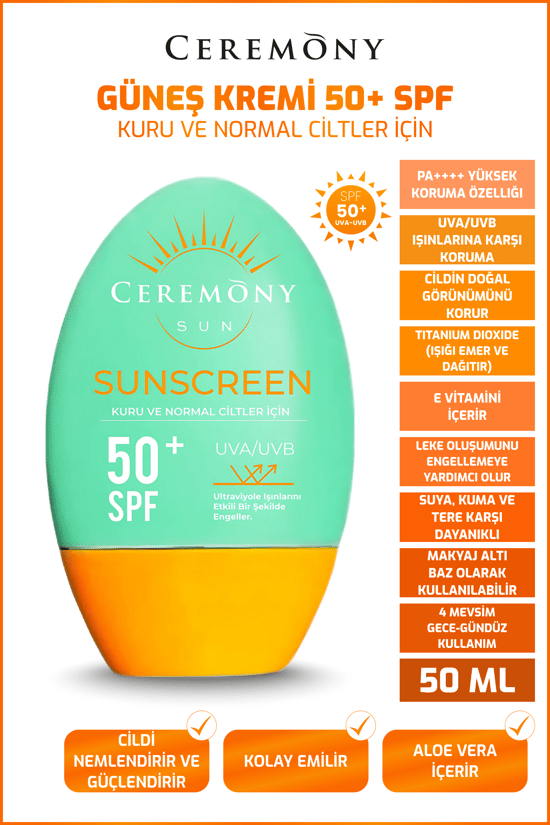Ceremony UVA-UVB Yüksek Koruma Doğal Görünümlü Hızlı Emilen 50+SPF Güneş Kremi Kuru ve Normal Ciltler 50ml