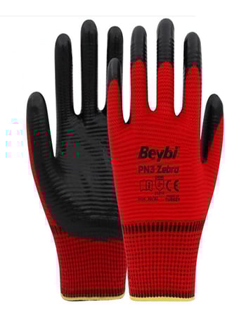 Beybi İş Eldiveni Zebra PN3 Kırmızı - Siyah