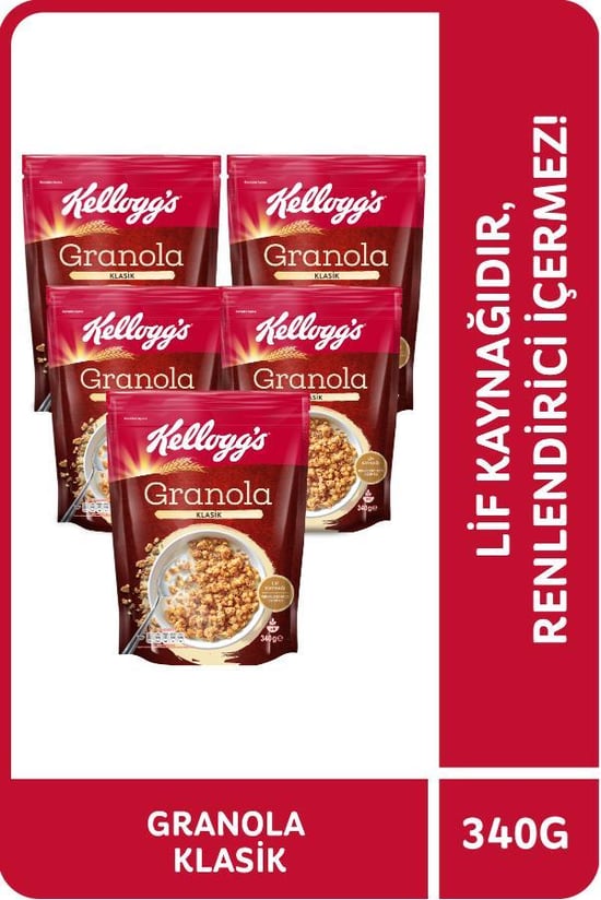 Kellogg's Granola Klasik 340 Gr x 5 Adet, %56 Yulaf içerir, Lif K