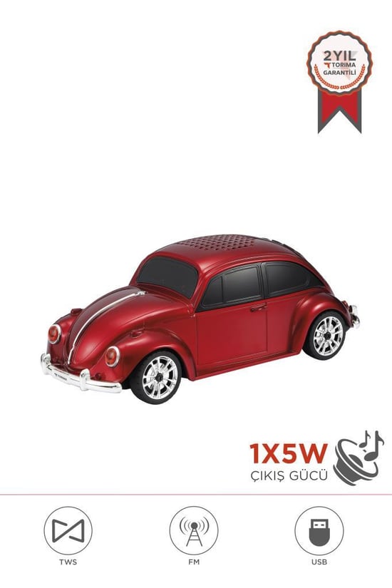 Torima D49-Kırmızı Araba Voswos Retro Tasarım USB/TF/FM Bluetooth Hoparlör Speaker