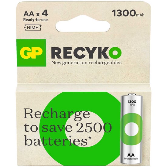 GP Batteries Recyko 1300mAh AA Kalem Ni-Mh Şarjlı Pil, 1.2 Volt, 4'lü Kart