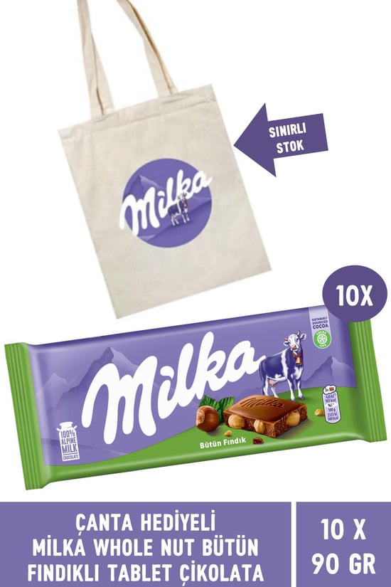 Milka Çanta Hediyeli Milka Whole Nut Fındık Tablet Çikolata 90 gr - 10 Adet