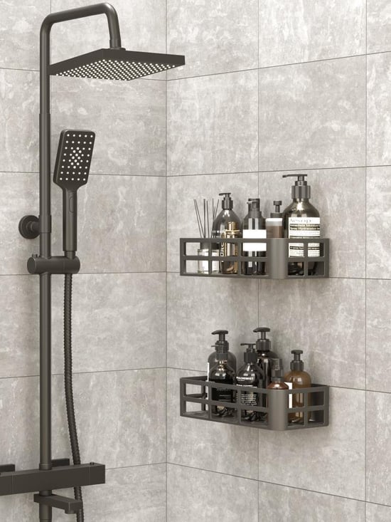 Minihome 2’li Banyo Duş Rafı ve Düzenleyici, Şampuanlık, Sabunluk, Siyah Yapışkanlı Duş Organizer Suya Dayanıklı Plastik