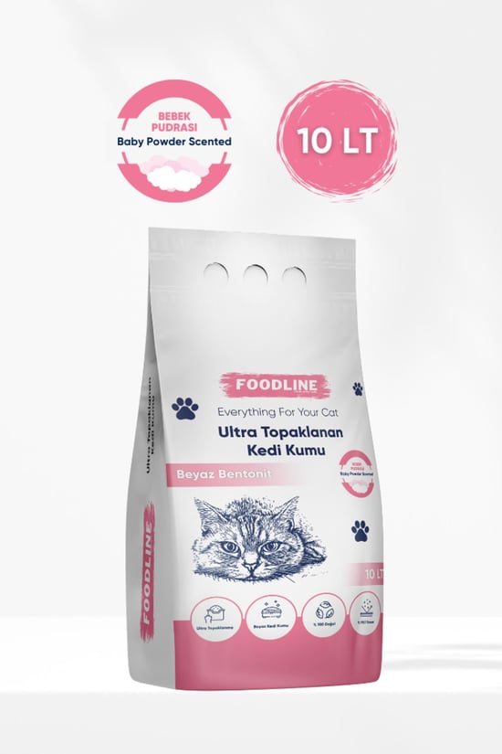 Foodline Bebek Pudrası Kokulu İnce Taneli Bentonit Topaklanan Kedi Kumu 10 Lt