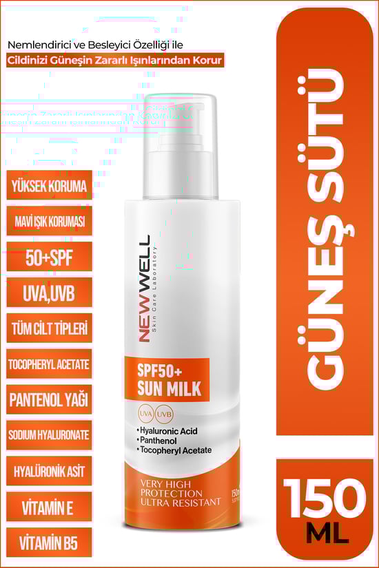 New Well Güneş Sütü Yüksek Koruma SPF50+,Hyaluronic Acid 150 ML