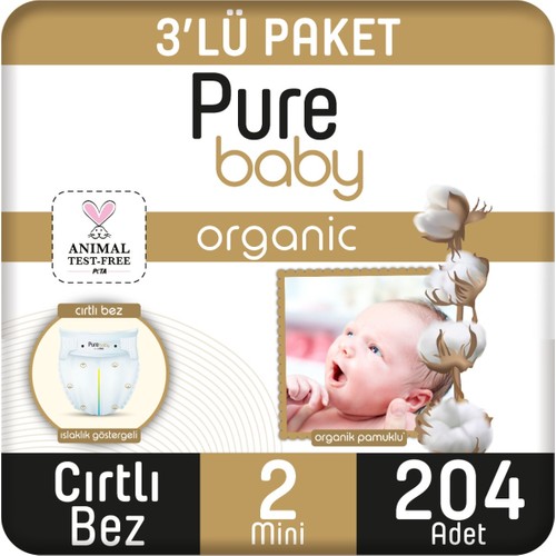 Pure Baby Organik Pamuklu Cırtlı Bez 3'lü Paket 2 Numara Mini 204 Adet