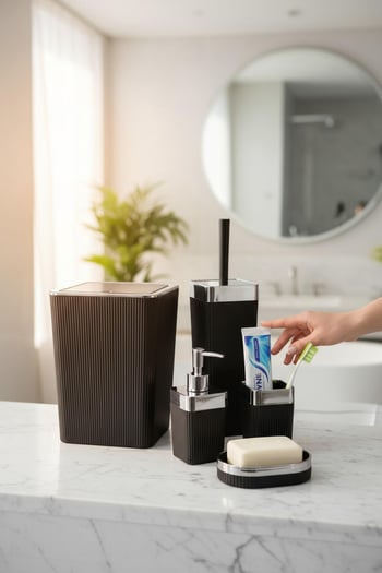 siyah banyo seti, gümüş banyo seti, 4 parça banyo seti, modern banyo aksesuarları, şık banyo seti, dekoratif banyo ürünleri