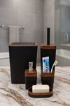 ahşap banyo seti, siyah banyo seti, 5 parça banyo seti, modern banyo aksesuarları, ahşap detaylı banyo seti, şık banyo takımı, lüks banyo seti