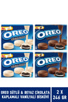 Oreo 2 Paket Sütlü & Beyaz Çikolata Kaplamalı 2 Paket Vanilyalı Bisküvi 246 gr  4'lü Paket