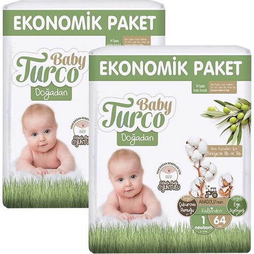 Baby Turco Doğadan 1 Beden Yenidoğan 64x2 128'LI Bebek Bezi