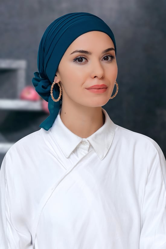 Hürrem Bone P. Mavisi Pratik Hazır Geçmeli Tesettür Bone Sandy Kumaş Pileli Nervürlü Güllü 1806_17