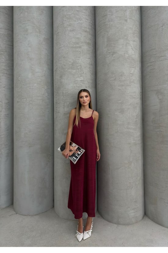 Thiff Bordo Kadın Askılı Piliseli Elbise