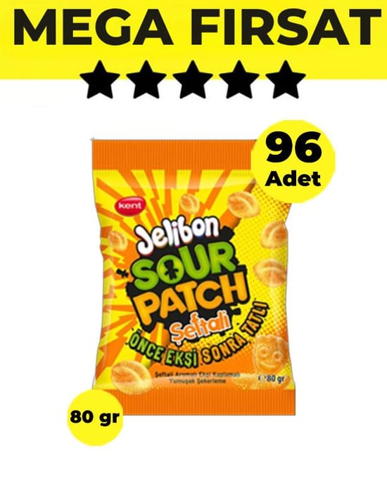 Jelibon Sour Patch Şeftali Yumuşak Şekerleme 80 gr - 96 Adet-4 Koli